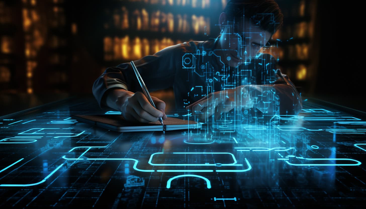 A person holding a pen, signing on the blockchain, in the style of Tron, futuristic.